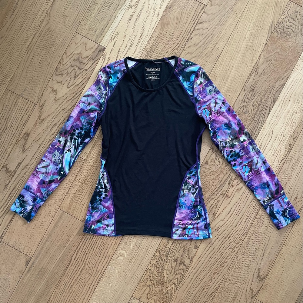 Wind River Purple Floral Black Scoop Neck Long Sleeve Athletic Workout Shirt